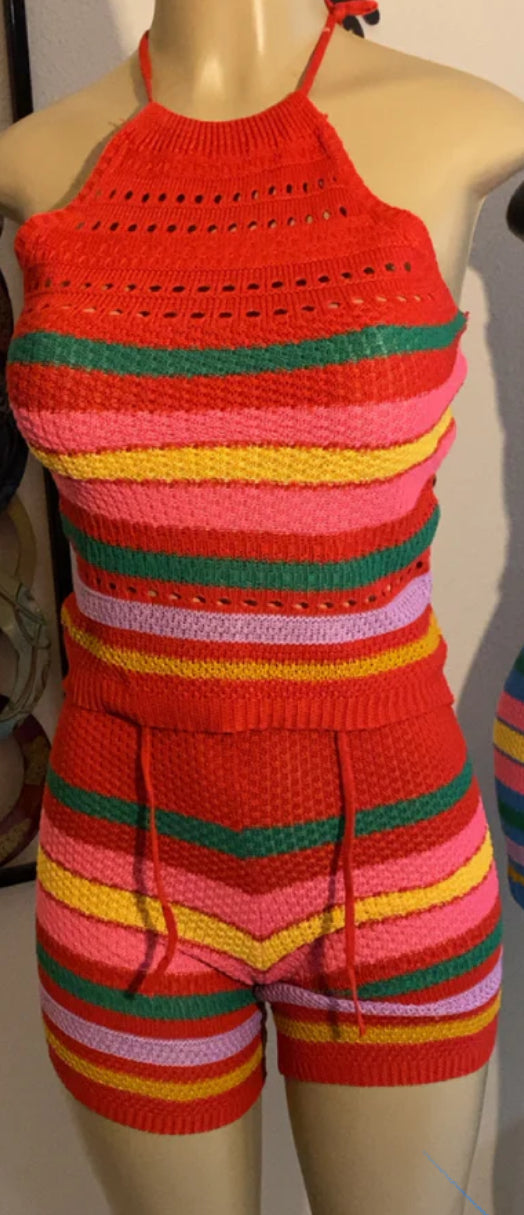 Striped Knit Crop Top & Shorts Set