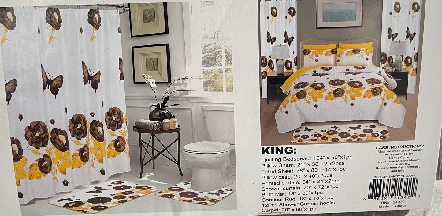24 Pcs Bedspread Set Yellow Black with Sunflowers & White Yellow with Butterflys