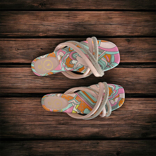 Elegant Rhinestone Strap Sandals – Multicolor Patterned Sole