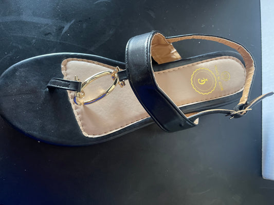 Black Flat Sandals with Ankle Strap and Gold-Tone O-Ring Detail