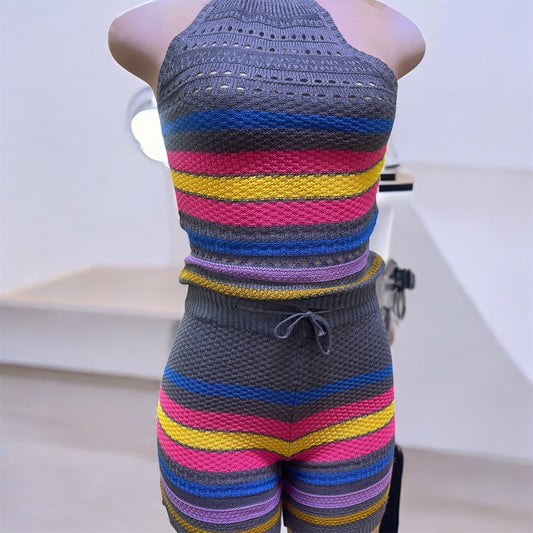 Striped Knit Crop Top & Shorts Set
