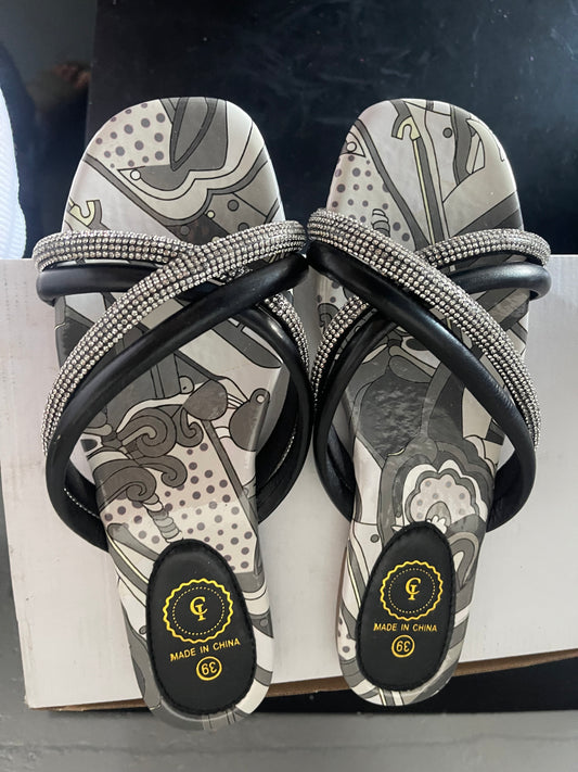 Elegant Rhinestone Strap Sandals – Multicolor Patterned Sole