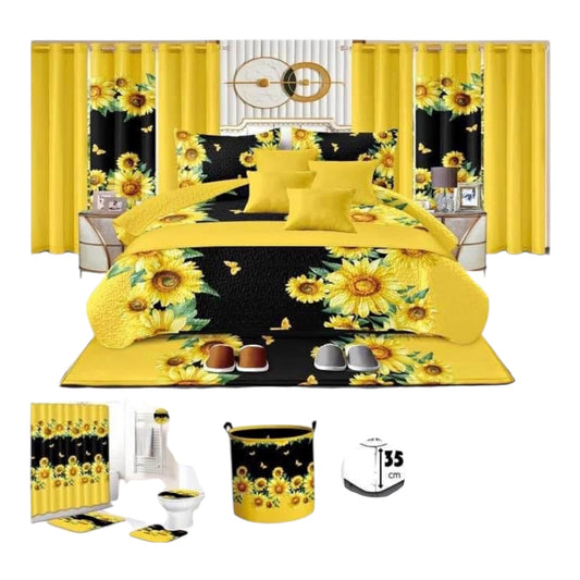 24 Pcs Bedspread Set Yellow Black with Sunflowers & White Yellow with Butterflys
