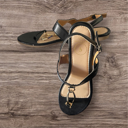 Black Flat Sandals with Ankle Strap and Gold-Tone O-Ring Detail